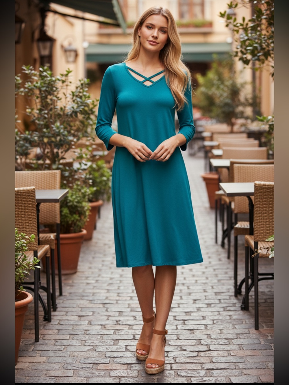 Umgee Teal Crisscross Neck 3/4 Sleeve Midi Dress